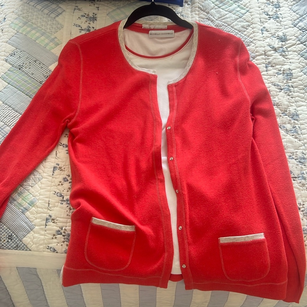 Brunello Cucinelli Red Cotton Cardigan & Matching White Short Sleeve Top, XL